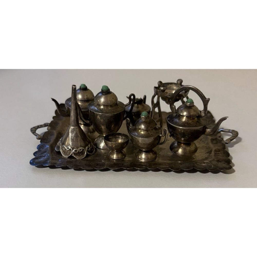 RARE -ANTIQUE STERLING SILVER Turquoise 9 Pieces
Miniature Tea Set